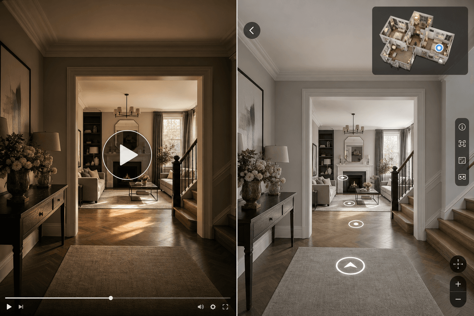 Split-screen concept showing a cinematic property video frame on one side and an interactive 360° virtual tour interface on the other