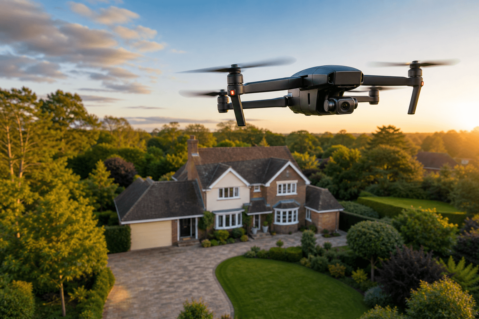 Professional drone hovering above a UK suburban property at golden hour, capturing aerial marketing photography