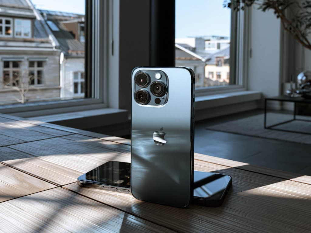 iPhone with triple-lens camera system on a table in a bright modern property interior for real estate photography