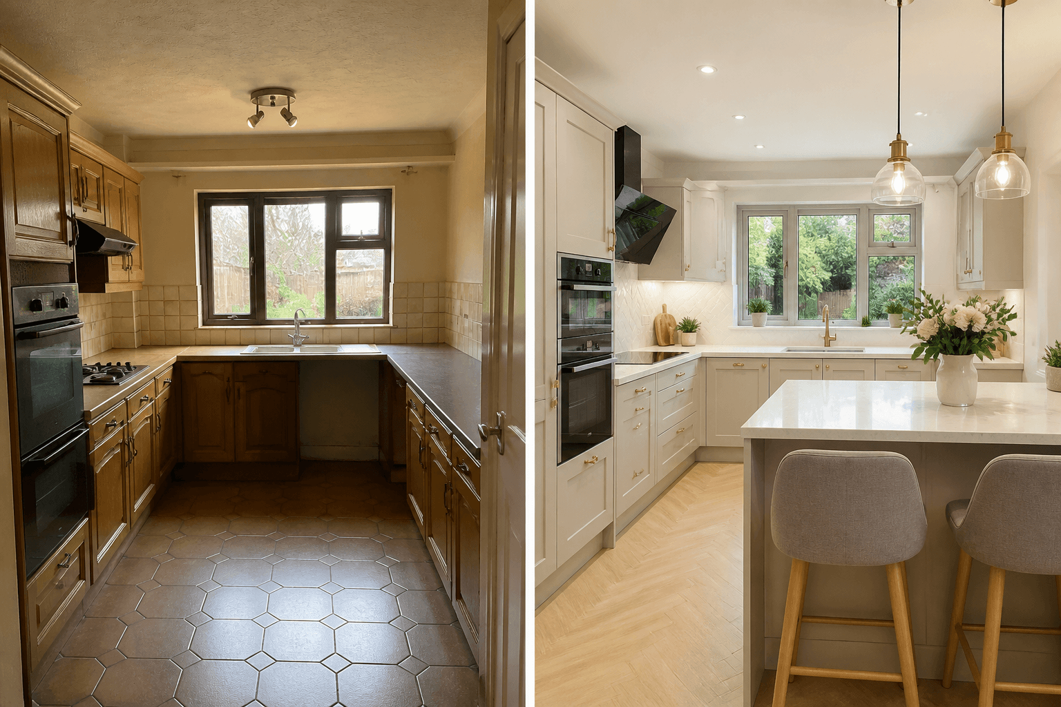 Split before-and-after view of a renovated UK kitchen, dated on the left and modern bright finish on the right