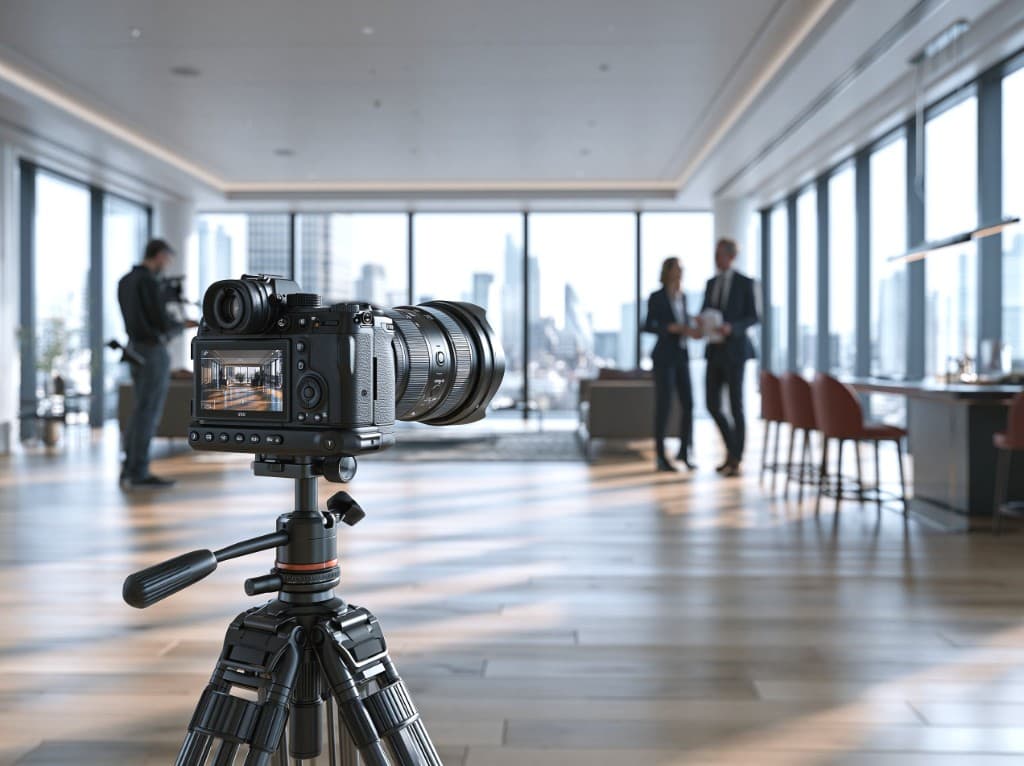 Professional camera on a tripod during a property photography shoot in a London penthouse