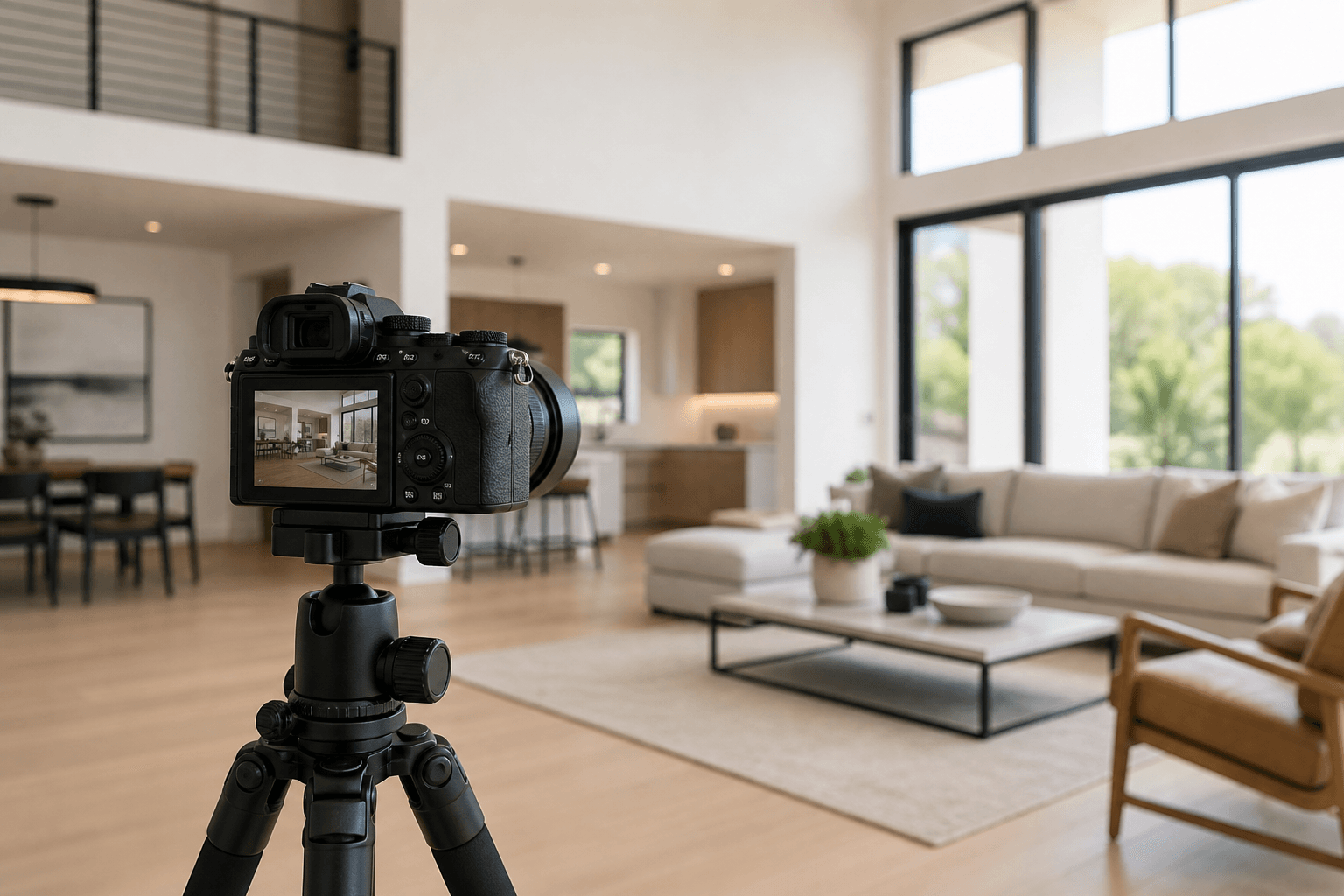Compact mirrorless camera with a wide-angle lens on a tripod photographing a bright living room interior