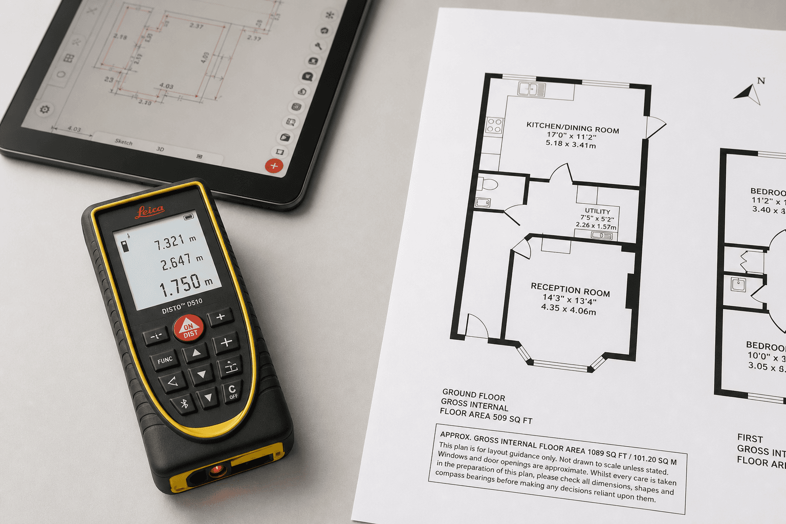 Handheld laser distance measure beside a printed property floor plan — essential equipment for creating professional floor plans