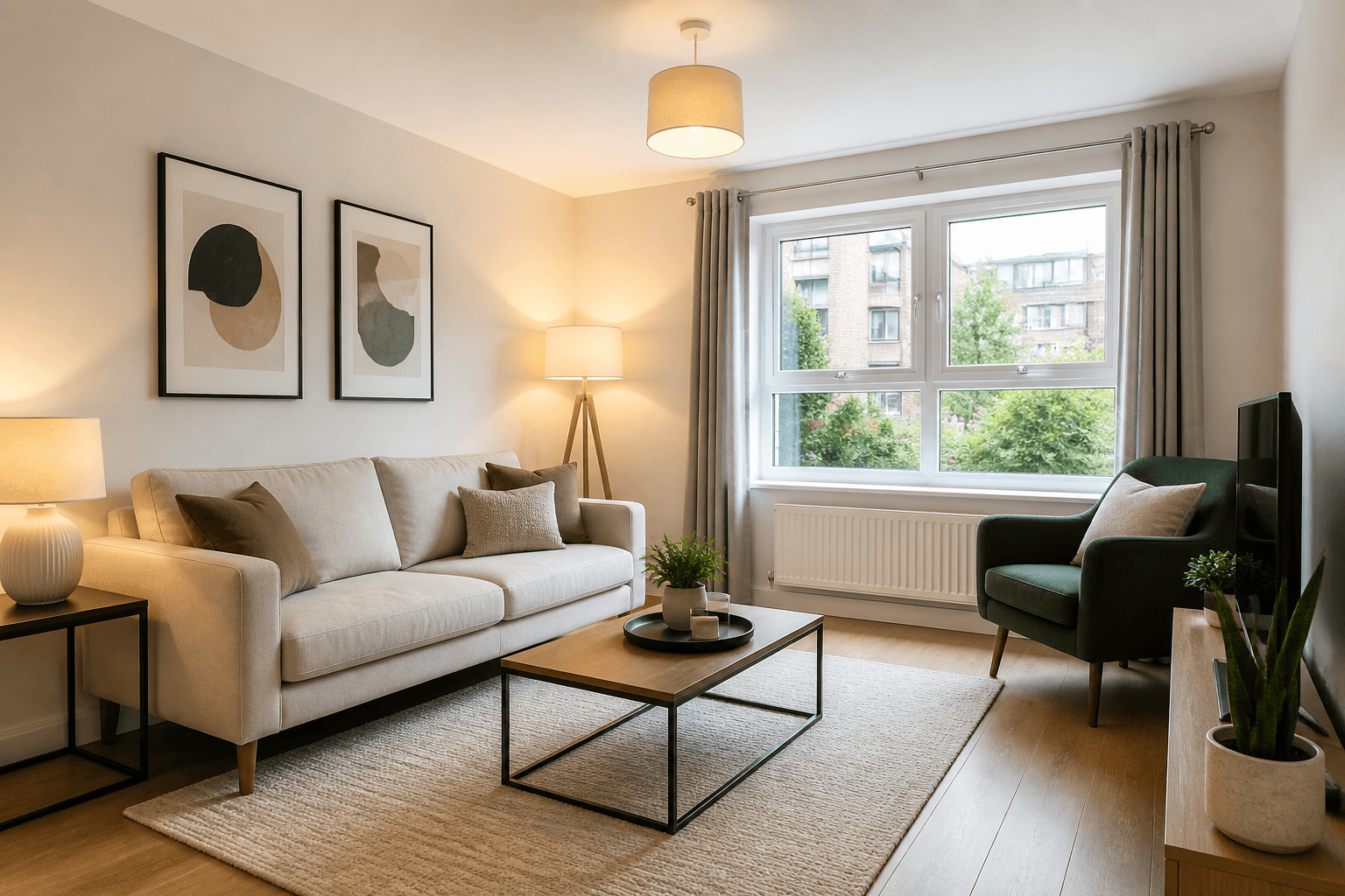 Bright clean UK rental living room photographed to lettings standards for an online tenancy listing