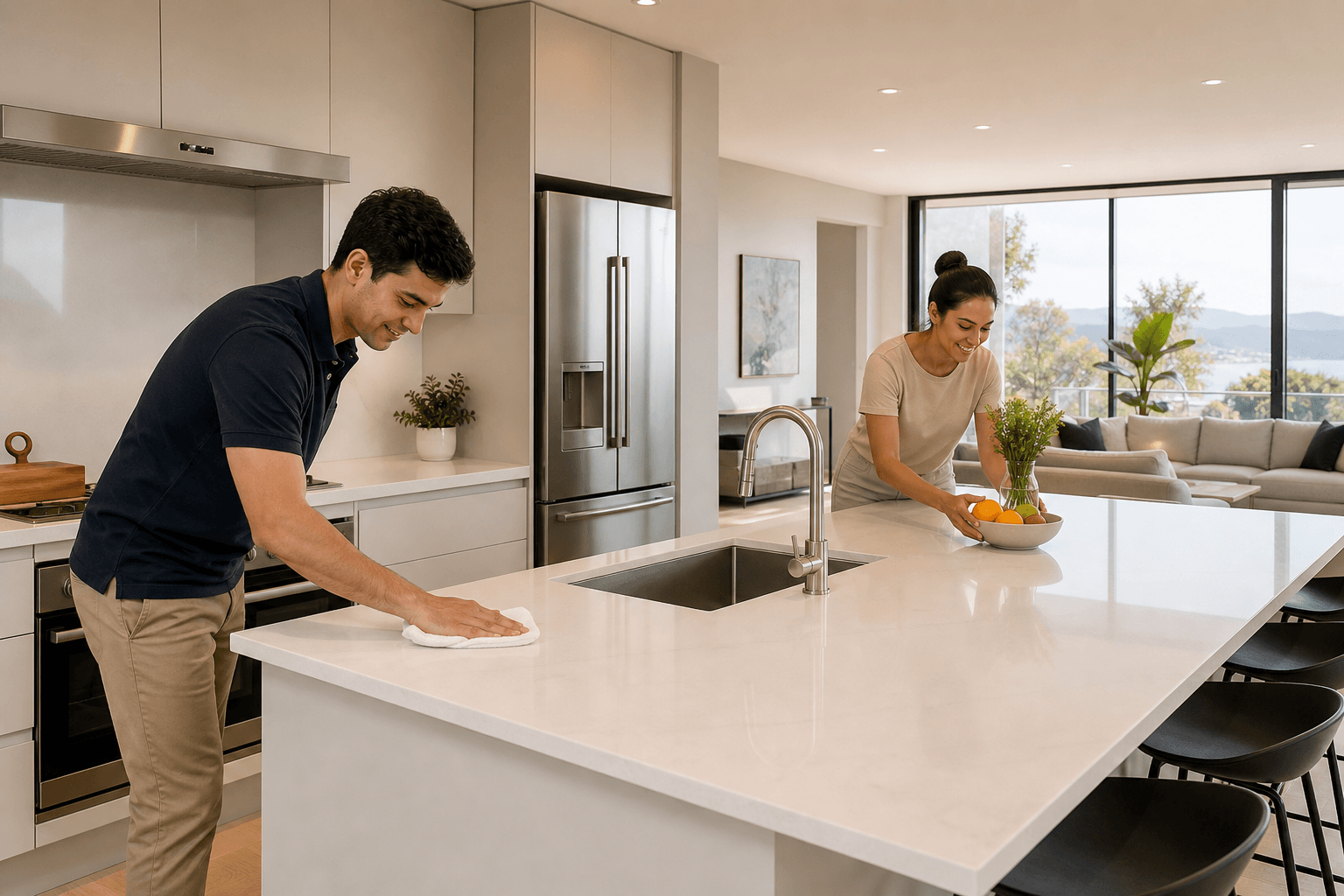 A couple tidying and styling a bright modern open-plan kitchen in preparation for a professional property photography shoot