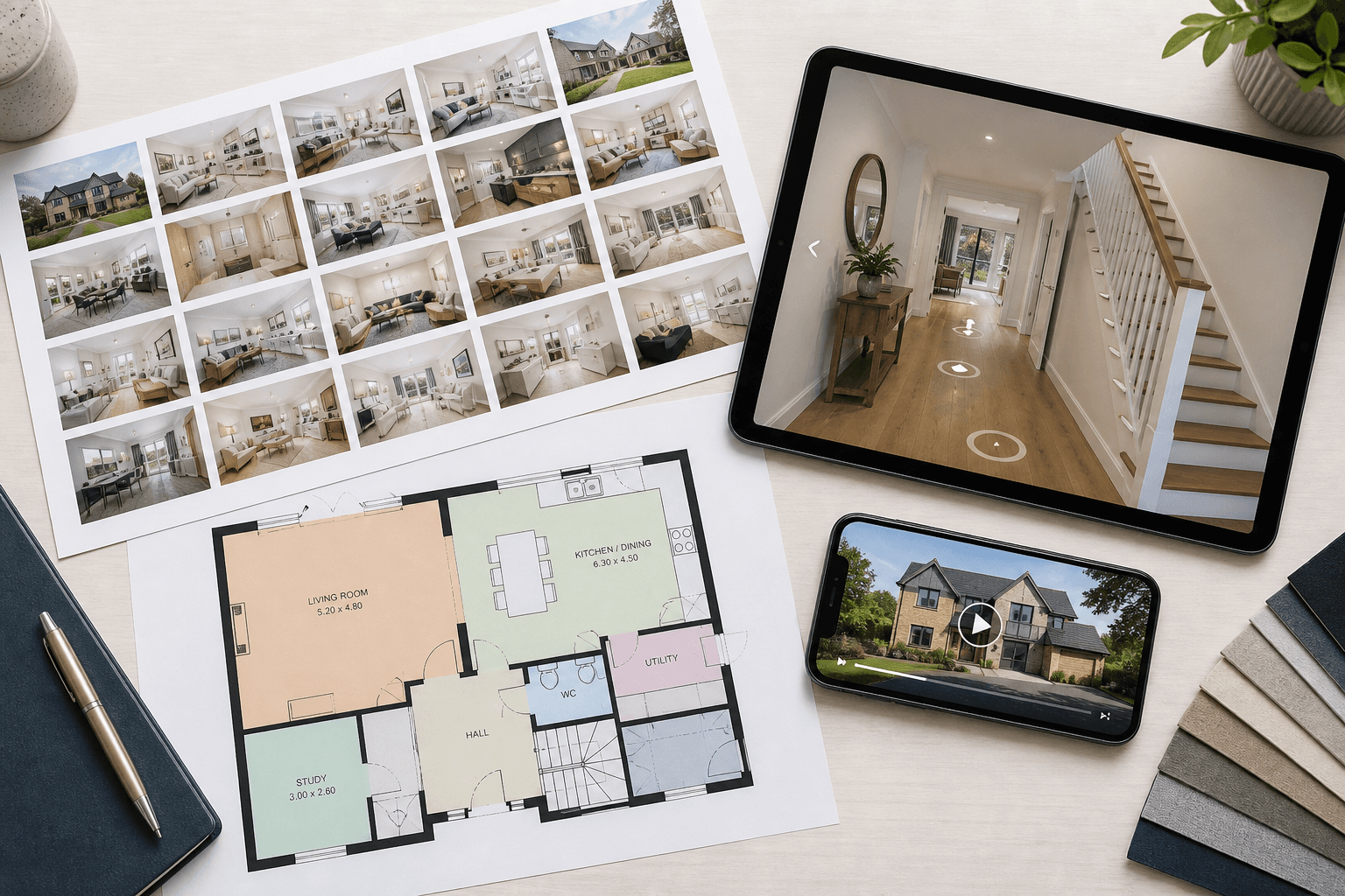 Flat lay of property listing media deliverables — photography contact sheet, floor plan, tablet showing a virtual tour and a video still