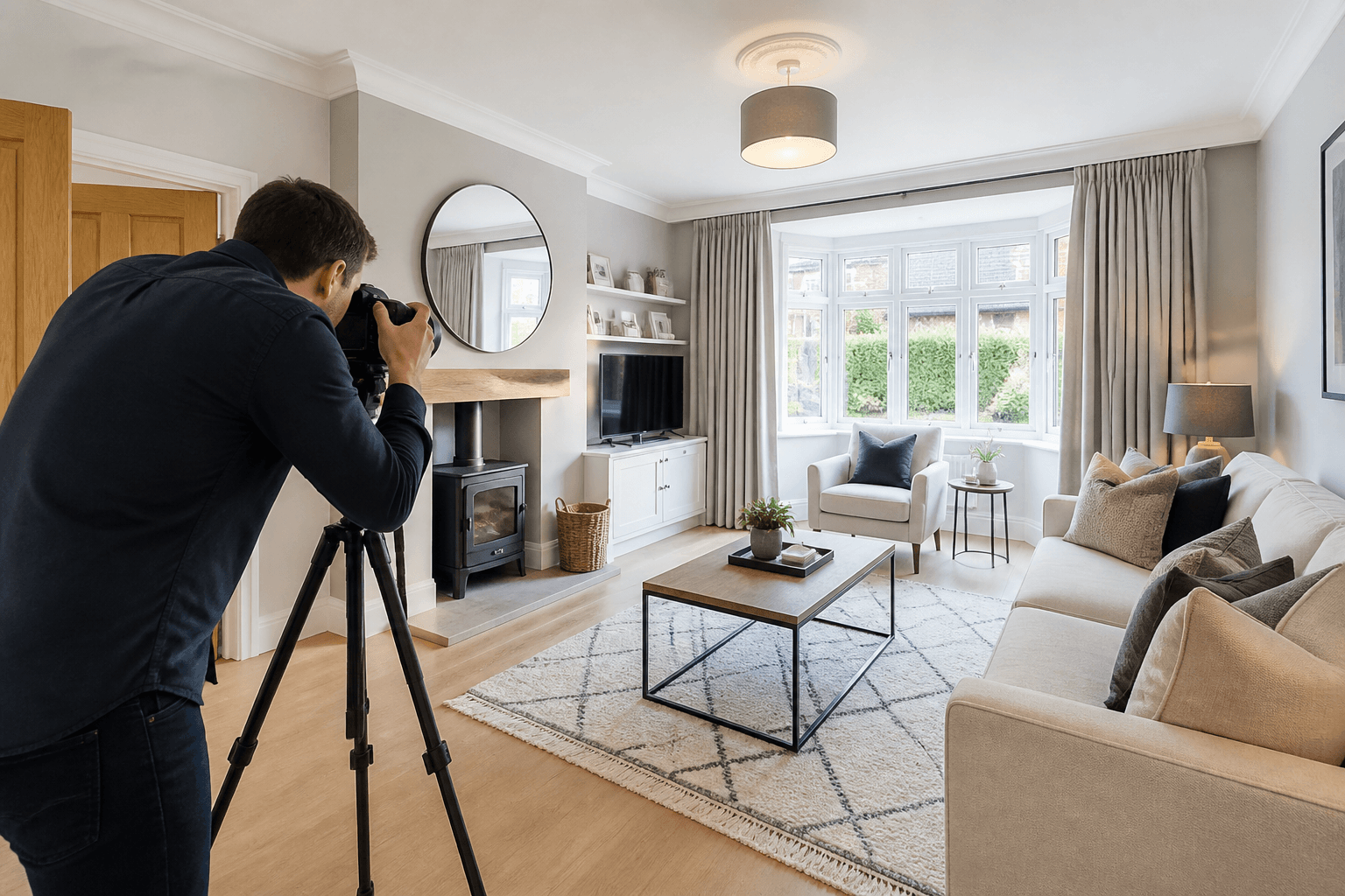 Professional property photographer shooting a UK living room interior with tripod and wide-angle lens for an estate agent listing