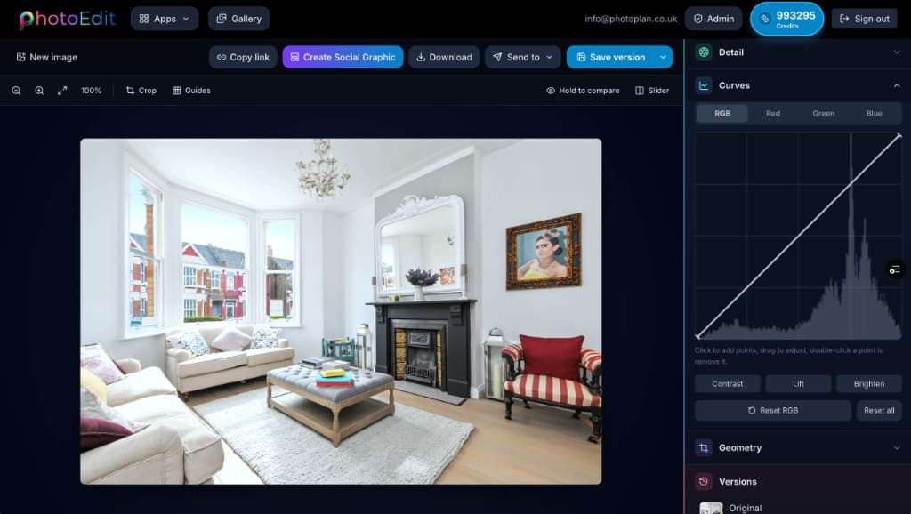 PhotoEdit Studio editing a bright living room property photo, showing the curves and detail adjustment panels for real estate photo editing