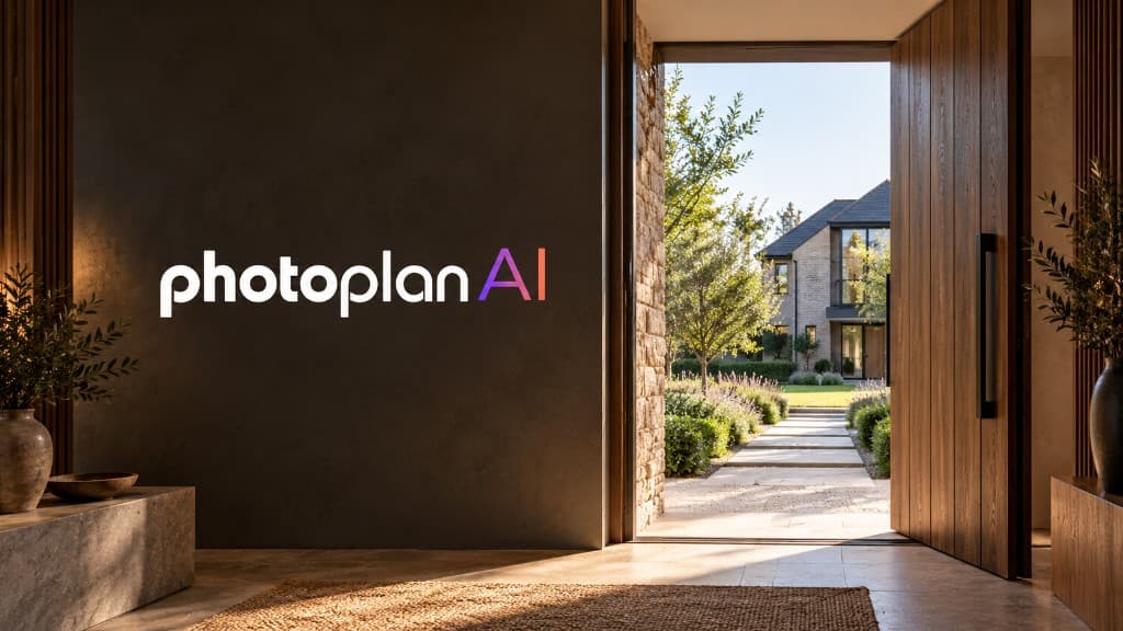 The Photoplan AI logo on a dark entrance wall beside an open door leading to a sunlit garden path and a modern stone house