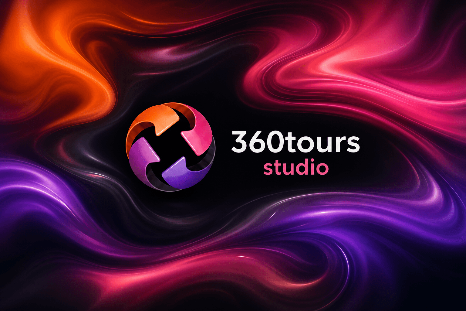 360tours Studio logo on a fluid orange, pink and purple gradient background representing immersive 360 virtual tours