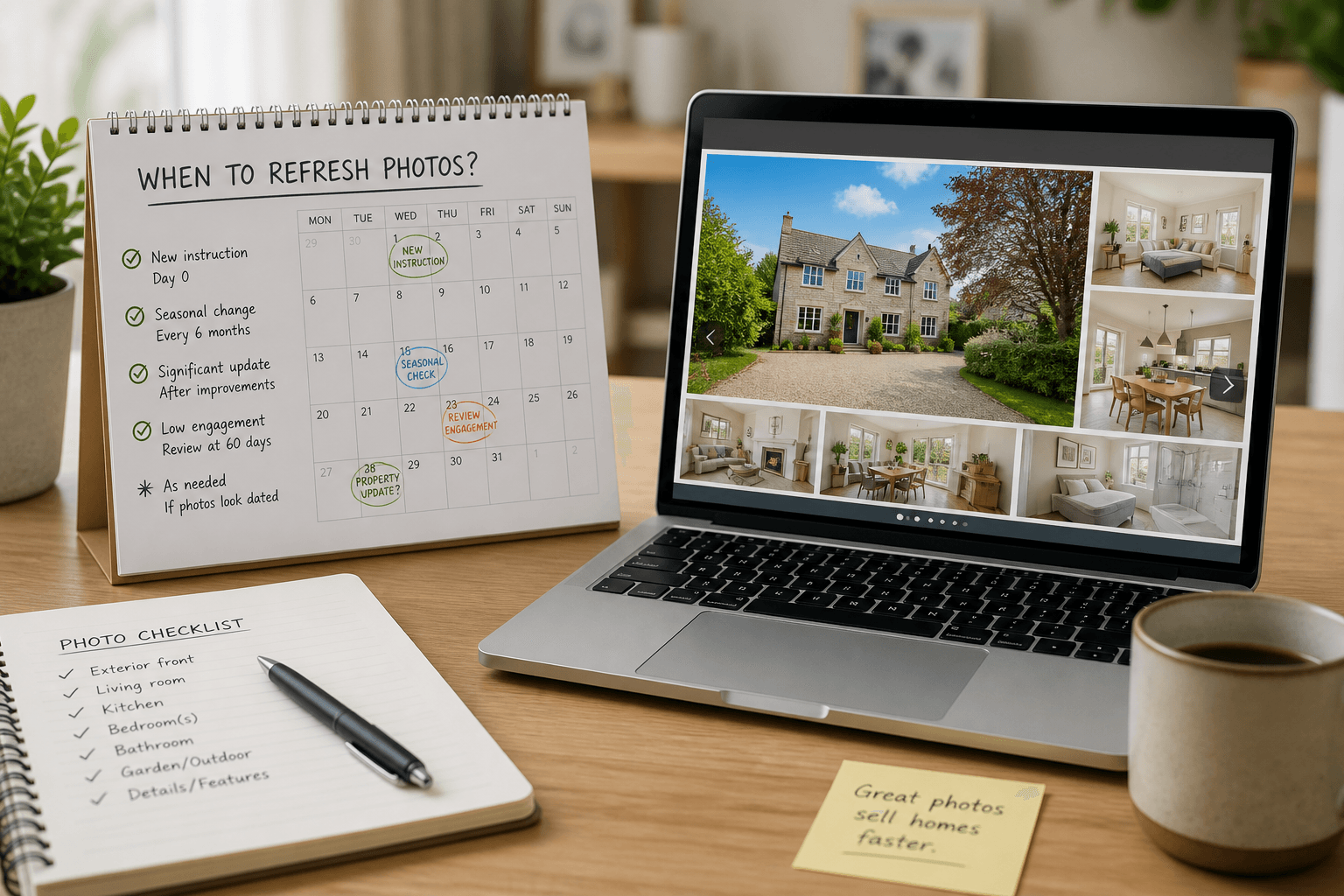 Calendar and property listing gallery on a desk suggesting when to refresh estate agent photography during a campaign