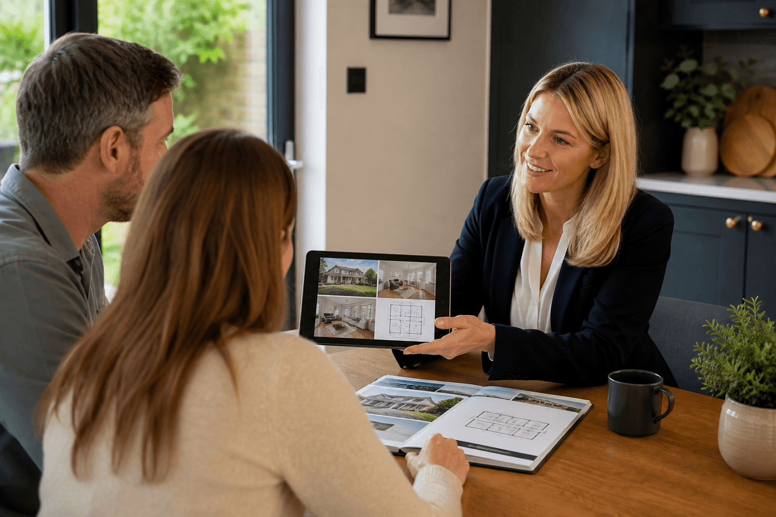 Estate agent at a kitchen table valuation meeting showing a vendor a sample property marketing pack with photos and floor plan on a tablet