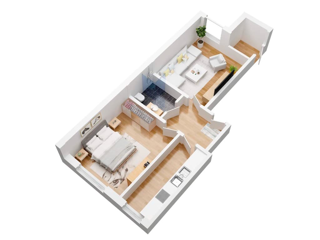 Furnished 3D isometric floor plan of a one-bedroom apartment by Photoplan
