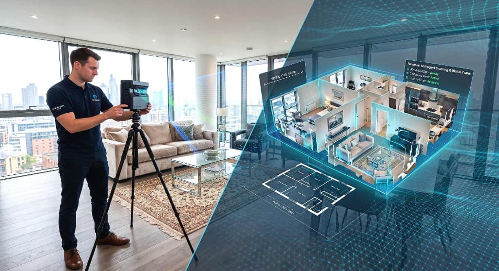 Photoplan technician capturing a property with Matterport Pro3 LiDAR, with digital twin dollhouse view, measured floor plan and point cloud outputs