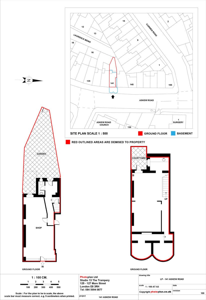 Land Registry-compliant lease plan with red edging, north point and scale bar for a residential flat