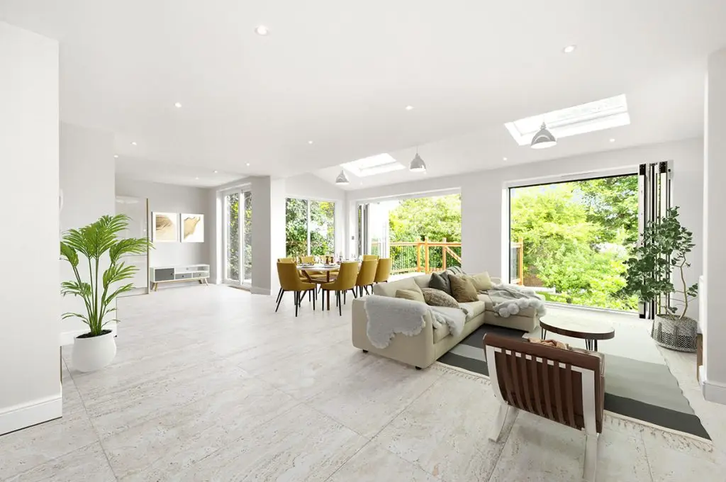 Virtually staged living room in an empty property listing
