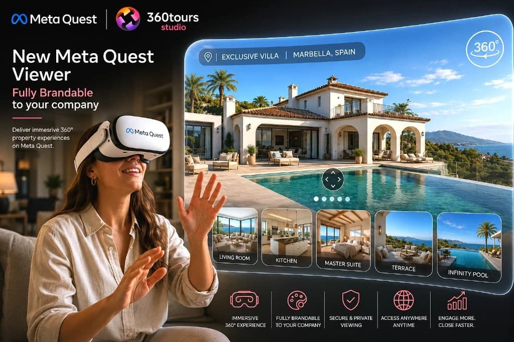 A buyer wearing a Meta Quest headset exploring a CGI 360 tour through the 360 Tours Studio viewer