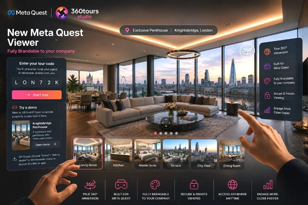The 360tours Meta Quest viewer — a fully brandable, immersive VR tour of a luxury Knightsbridge penthouse